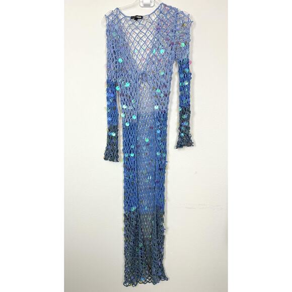 Blue Sequin Mesh Crochet Mermaid Cover Up Dress Maxi Womens XL Fashion Nova Swim - Picture 2 of 11